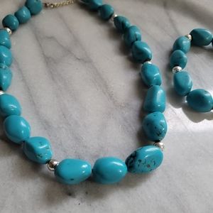 Vintage Turquoise Beaded Sterling Accents Necklace and Bracelet Set